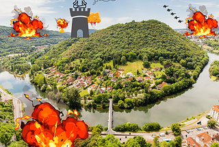 Graphic figure meditating at the top of a tower with a thought bubble showing mind in complete peace as explosions go off around it.