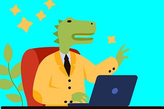 Illustration of a Dinosaur acting as an art director in front of a laptop.