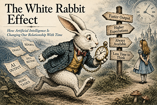 Illustration titled The White Rabbit Effect: How Artificial Intelligence Is Changing Our Relationship With Time. A white rabbit in Victorian clothing runs while holding a pocket watch, with papers labeled “Emails,” “Reports,” “Data Reviews,” “AI Output,” and “More Tasks” flying behind it. To the right, Alice stands facing a signpost with arrows reading “Faster Output,” “Higher Expectations,” “Always Available,” and “Less Time to Think.” A clock and castle appear in the background, evoking Alice