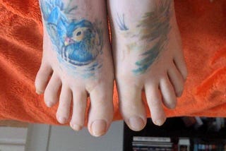 Photo of a pair of white feet on an orange blanket. The left foot has a tattoo of a Mandarin duck among some reeds, mostly done in blue. The right foot has a tattoo of a lake and more reeds. There is a bookcase full of books in the background.