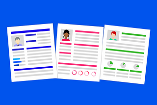 3 sketched resumes on a blue rectangle