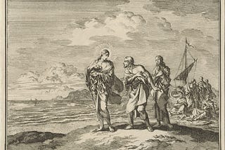 An etching of Jesus calling Peter and Andrew. Jesus, with a halo, looks over his shoulder at Peter and Andrew, who are standing behind them. In the background is a fishing boat with others on board.