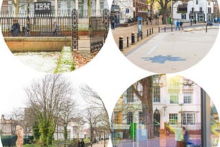 2 circle photographs above and 2 circle photographs below, of New Walk Leicester showing various city and lanscape shots, showing people and places