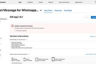 Trying to submit the app for review, but getting the error unable to Submit for Review Apple.
