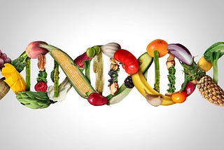 Fruits and vegetables symbolize a DNA strand symbol. The image represents the importance of these foods in preventing cancer.