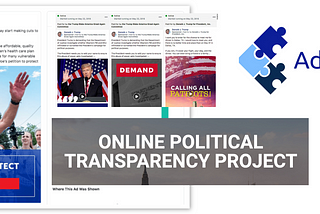 Graphic showing political ads of Joe Biden and Donald Trump, the logo of Ad Observer and the logo of Facebook