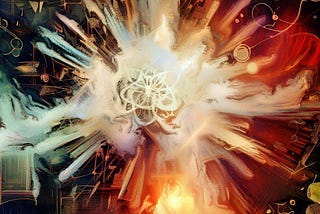 An image of an explosion of colors and shapes, with a white flower-like shape in the center and various symbols scattered throughout. The image is meant to represent the creativity and complexity of Oppenheimer’s mind and his role in the development of nuclear weapons.