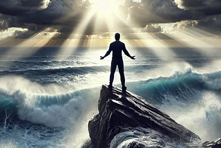 Essence of resilience & strength: Standing calm & composed on a rocky peak above turbulent waters — conquering & transforming fear into empowerment