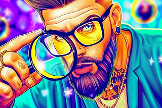 Master Crypto Investing: 9 Essential Qualitative Factors You Can’t Overlook Learn How to Evaluate Quality Crypto Projects Like a Pro! AI image created on midjourney v6 by henrique centieiro and bee lee, a man with tattoo and beard holding up a magnifier