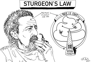 An Illustration pen drawing of Theodore Sturgeon looking to the right at his law. A pie chart with 90 percent of everything is carp, 10% is high quality. By Chris R. Becker ®2026 using procreate for drawing.