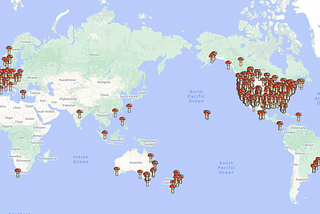 A screenshot of a global map with markers showing where artists are hiding their works.