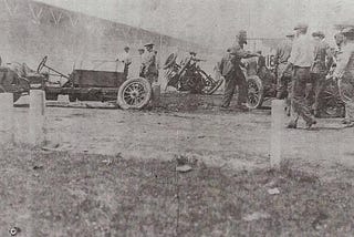 This photograph is of the most spectacular accident that occurred during the first Indianapolis 500.