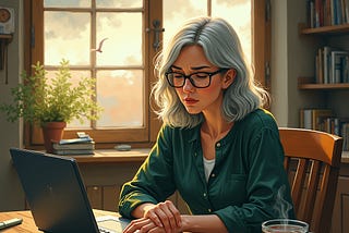 gray haired woman sitting in front of her laptop with a sad look on her face