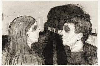 This black and white print by Edvard Munch shows the profile of a woman’s head in the left foreground facing and mirroring the profile of a man’s head in equal orientation and size. They are staring at each other, their eyes in shadow, looking forlorn. The shadows of their bodies meet in single-point perspective toward the background. There is also a white shape in one-point perspective placed from about the right middle-ground to the background that terminates at about the center of the image.