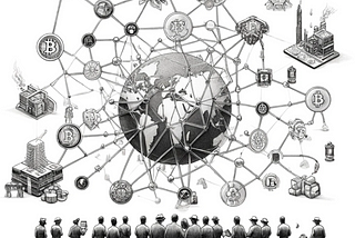 Black and white pencil sketch depicting interconnected networks and silhouetted figures representing law enforcement, analyzing a globe surrounded by cryptoasset symbols.