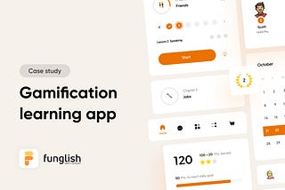 An image containing text: “Case study, Gamification learning app” on the left, and UI components on the right.