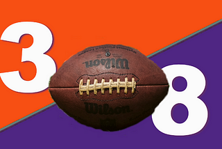 Denver Broncos orange divided by Minnesota Vikings purple with a football in front. In orange background portion, the number 3. In purple background portion, the number 8. These numbers are associated with the respective starting quarterbacks of both teams.