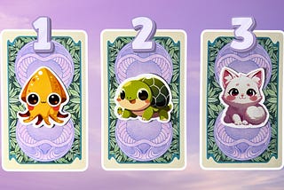 Three tarot pick a card piles: pile 1 — squid, pile 2 — tortoise, and pile 3 — cat