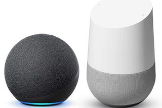 IMAGE: An Amazon Echo and a Google Assistant devices back to back