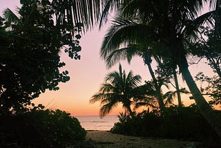 Photo of a beach path with the ocean in the back and the sky coloured by the sunset