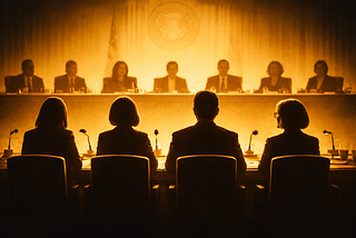 A wide, 16:9 silhouette illustration in warm yellow tones showing a Senate hearing room. Four witnesses sit at a table in the foreground — three women and one man — facing a raised dais. Across from them, a diverse group of senators, including women and men, sit behind desks. All figures appear as simplified shadows without facial detail, emphasizing roles and structure rather than individual identity.