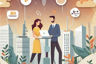 The SEO and Web Accessibility power couple: standing with a laptop and with buildings the background and AI powering around them