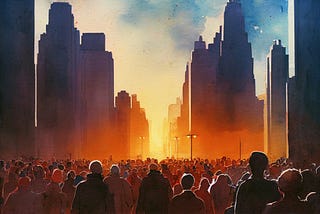 Watercolor illustration of a crowded street in the sunset light. By Julia Tochilina. Licenced from Adobe Stock.