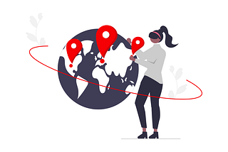 Illustration of woman standing next to a globe with pin point location settings.