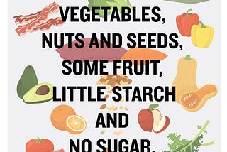 Eat meats and vegetables, nuts and seeds, some fruit, little starch, and no sugar.