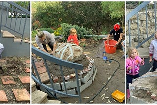 three-part collage: three people digging tiles, several people working on oven, a pile of sand surrounded by three people