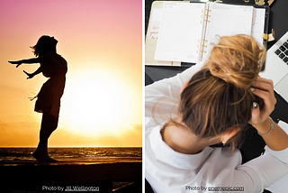 Woman enjoying relaxing moment on the beach during a vacation next to a stressed out woman at her desk with papers and a computer.