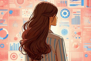 2D cartoon style image of a brown woman, with long brown hair and stats and maps for background