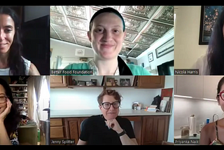 a screenshot of the webinar shows the six participants’ tiles, three on top and three on bottom, all smiling