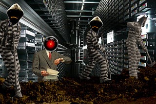 A magnified image of the inside of an automated backup tape library, with gleaming racks of silver tape drives receding into the distance. In the foreground is a pile of dirt being shoveled by three figures in prisoner’s stripes. Two of the figures’ heads have been replaced with cliche hacker-in-hoodie heads, from which shine yellow, inverted Amazon ‘smile’ logos, such that the smile is a frown. The remaining figure’s head has been replaced with a horse’s head. Behind the figure is an impatientl