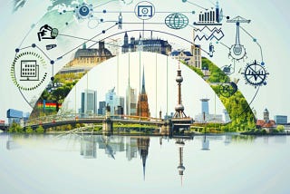 A bridge connects Germany to global banking & financial sectors; along the bridge are varying banking, financial, and customer service outsourcing icons to represent how German offshoring and finance call centers enhance customer service excellence & banking CX, leading to strong business growth & success.