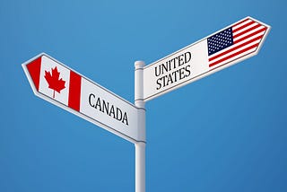 two signs, one directed at Canada, the other at the US