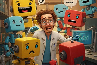 A cartoon of Dr. Mohit Sewak and mischievous chatbots.