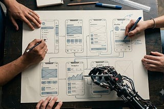 Three pairs of hands working on a UX wireframe — one pair of hands are robot