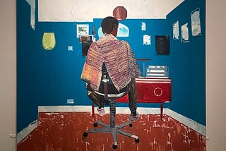 A single figure sits in the barbers chair, facing a red side table, surrounded by blue walls