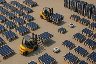 ChatGPT generated landscape top-down view of a logistics chain for solar panel staging, with forklifts, panel pallets, and robots in action — highlighting the choreography of automation