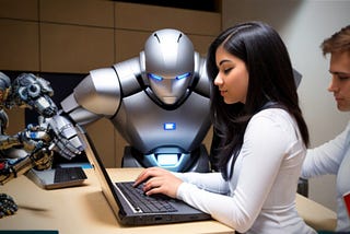 Robot AI observing a female student as she types into a laptop