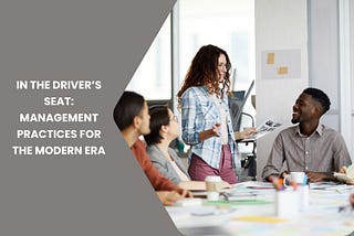 Modern management strategies in a business setting with a leader guiding a diverse team through collaboration and innovation.