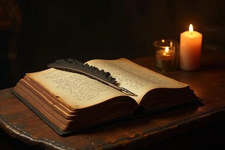 A handwritten journal sitting open on an old table, candles setting off to the side, and a feathered quill between the pages