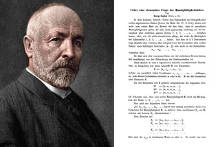 Left: Colorized photograph of Georg Cantor. Right: Cantor’s publication