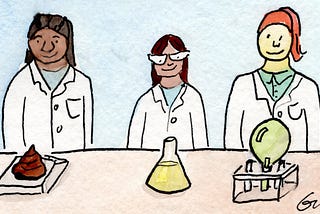 3 female scientists in lab coats