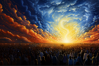 millions of human beings gathered on an expansive plain with a beautiful but ominous sky encircling them.