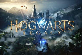 A screenshot of the Hogwarts Legacy title screen. Gold text overlays an image of Hogwarts castle.