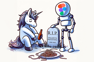 AI Generated illustration with little edition in photoshop of a sad unicorn in the grave of spaguetti prototyping. On the right a sad character resembling the figma tool.