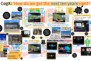 Sketched image contains seven panels representing individual sessions attended as well as a selection of scattered photographs, handwriting, and placements of CogX logos.