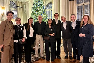 Yale Club NYC: L to R: Antos Zarillo, Jacqueline Dominy, Aurora Mondavi, Dr James F. Leckman, Laura Biancalani, Giovanni Caccamo, Dr Kyle D. Pruett, Nathan Camp, N. Shemrah Fallon. Photo courtesy Nathan Camp.